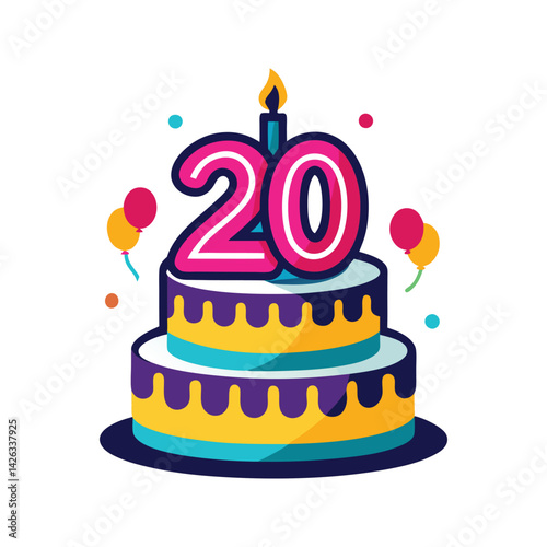 Birthday cake with 20 candles vector illustration isolated on white background