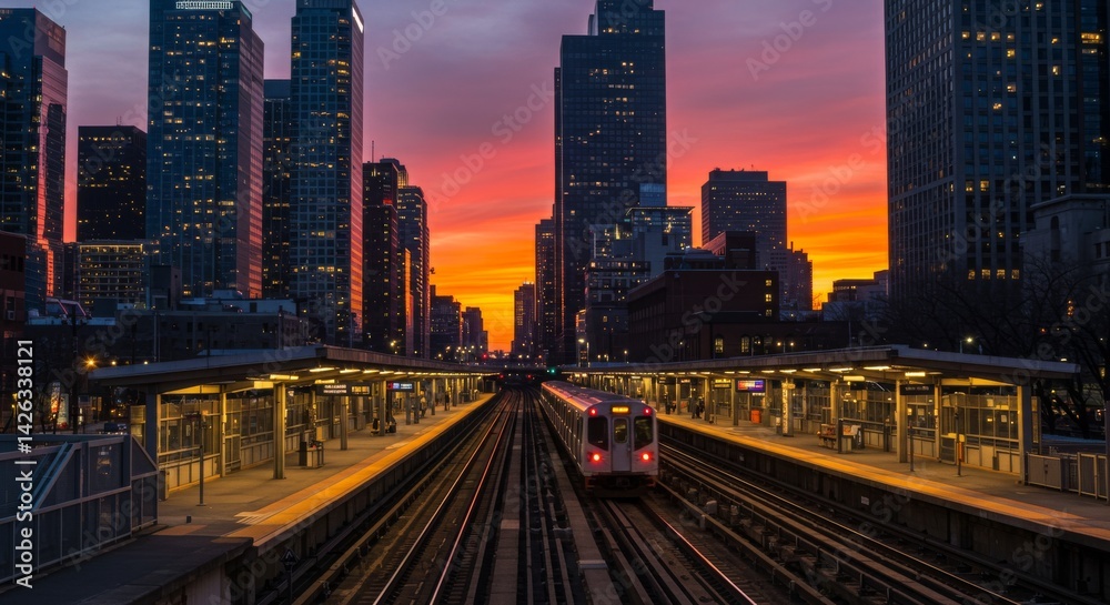 Fototapeta premium Twilight Commute: City Train at Sunset - Urban transportation, evening commute, city skyline, train arriving at station, sunset colors. Symbolizing progress, transit, modern life, urban landscapes