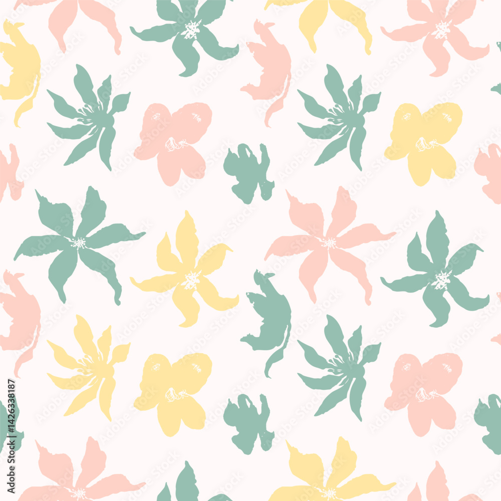 Seamless pattern with hand drawn pastel flowers. Loose botanical repeat background. Rough florals wallpaper. Seamless pattern with hand drawn pastel flowers. Loose botanical repeat background. Rough florals wallpaper.
