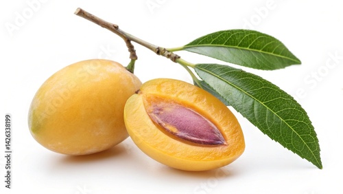 Close up of whole and halved marian plums with leaves on a twig isolated against a white background created with generated ai