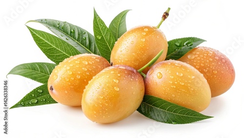 A group of fresh yellow marian plums with water droplets and green leaves on a white background created with generated ai