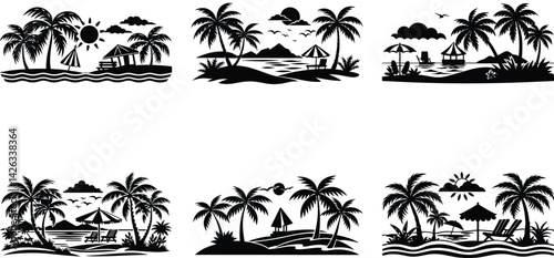 Summer beach vacation scene silhouette black vector art set design