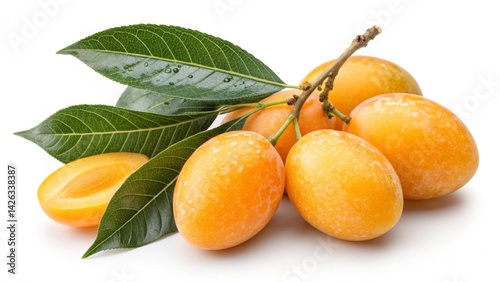 A close up of a bunch of ripe marian plums with green leaves on a white surface background view created with generated ai