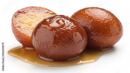 Close up of three gulab jamun with one cut in half and syrup on a white surface in a studio shot created with generated ai