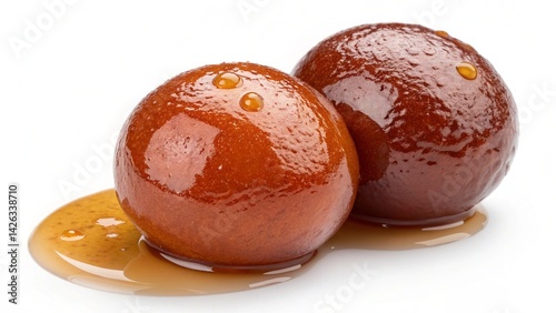 Close up of two gulab jamun indian dessert balls with syrup on a white background studio shot created with generated ai
