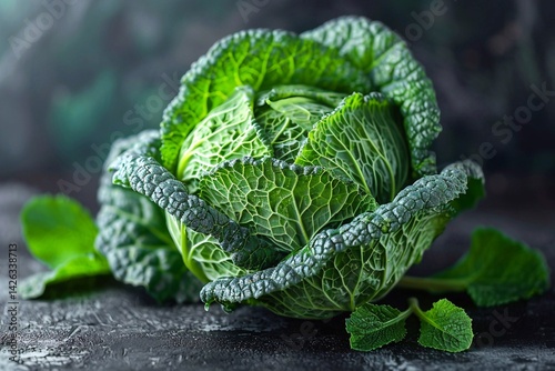 Fresh savoy cabbage with green leaves on dark background, closeup. Generative AI