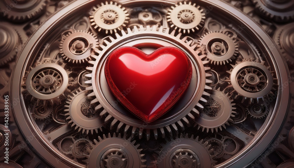 Obraz premium Red Metallic Heart Among Interlocking Gears
