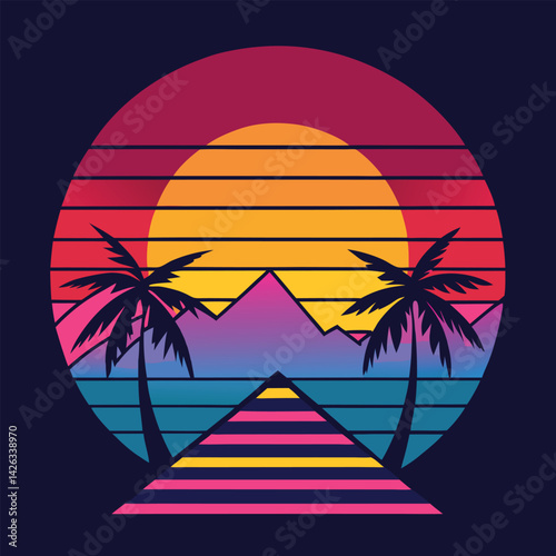 A tropical beach sunset silhouettes a lone figure near palm trees under a vibrant summer sky