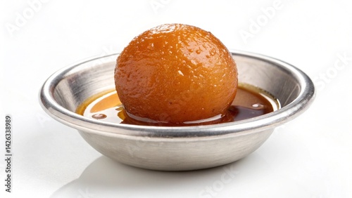 A single gulab jamun in a small metal bowl with syrup against a white background studio shot food created with generated ai
