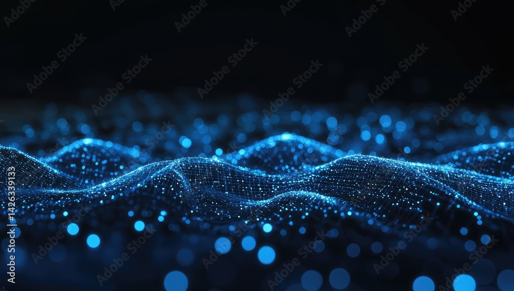 Abstract Blue Glowing Particle Waves Background