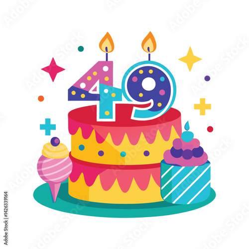 Birthday cake with 49 candles vector illustration isolated on white background