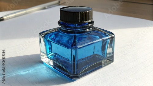 A square glass ink bottle filled with blue liquid sits on a white surface with a pen in the background created with generated ai