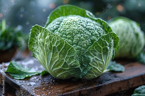 Fresh savoy cabbage on a wooden board. Selective focus. Generative AI