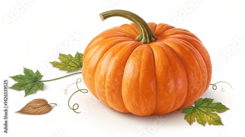 A vibrant orange pumpkin with a stem and leaves arranged on a clean white surface studio shot created with generated ai