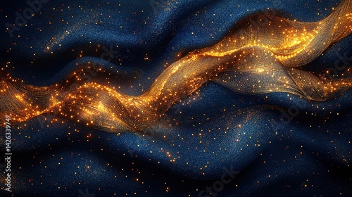 Luxurious, flowing fabric with golden highlights.  A rich, textured, dark navy blue fabric, with a golden, shimmering, flowing overlay