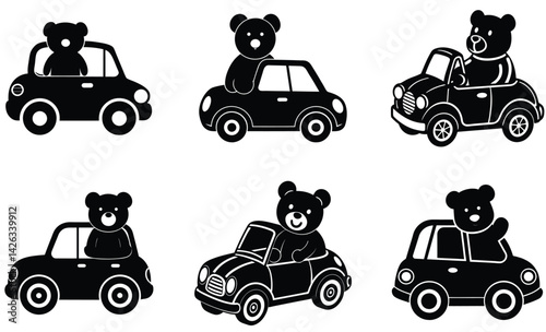 Teddy bear driving a mini car silhouette black vector art set design