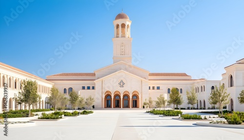Sunlit beige church with a bell tower and courtyard