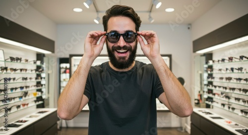 Man trying on sunglasses in store