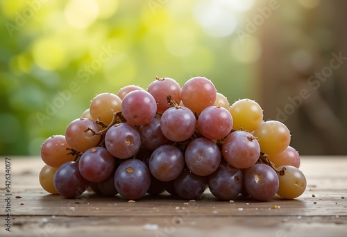 Ripe purple grapes on wooden table with bokeh background