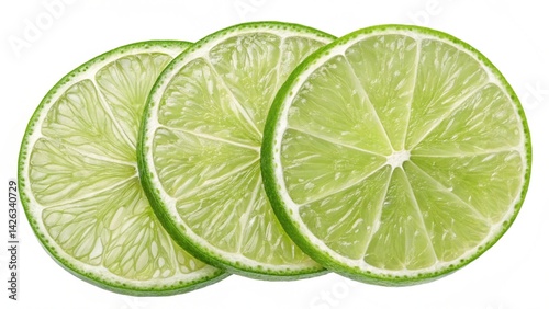 Three lime slices arranged in a row on a white background showing juicy pulp and green rind texture created with generated ai