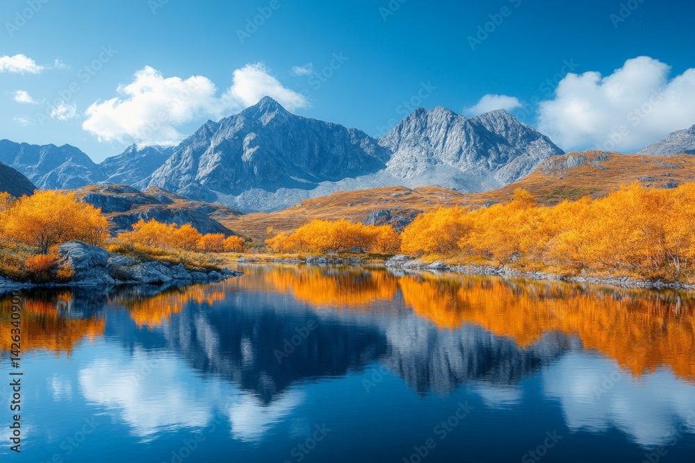 Fototapeta premium Vibrant autumn landscape with mountains reflecting on a calm lake under a clear blue sky