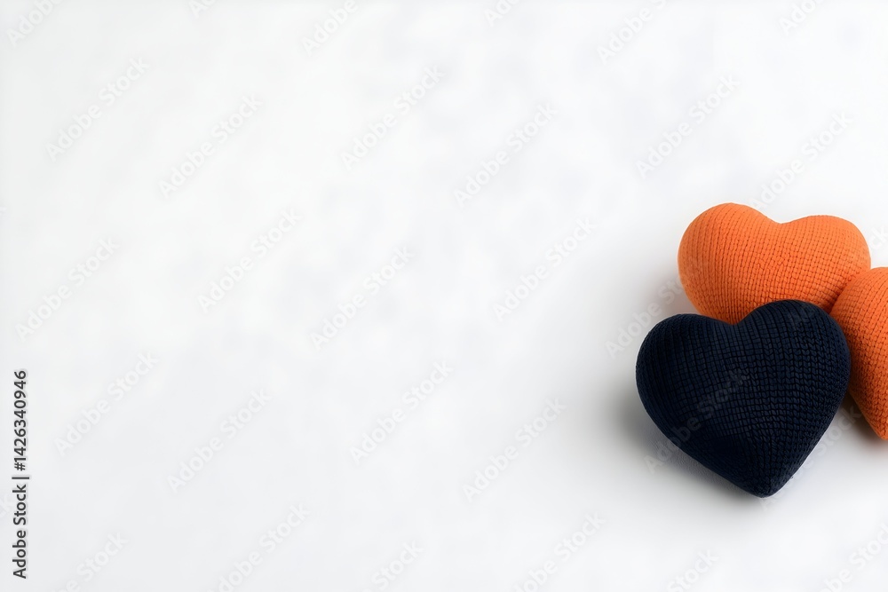 Two textured hearts, orange and black, rest on a white background Two textured hearts, orange and black, rest on a white background