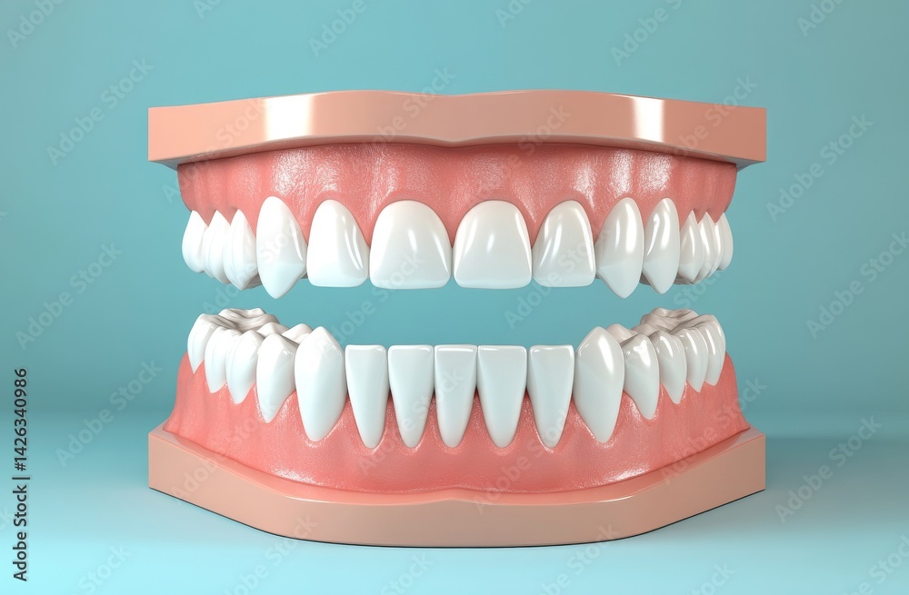 Obraz premium A close-up view of a white teeth model, including its red gum, is presented with a dental mirror, all on a white background