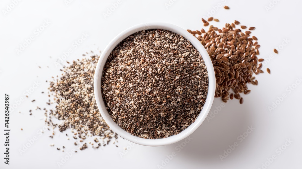 Variety of Ground Flax Seed on White Background with Whole Flax Seeds Beside Bowl Variety of Ground Flax Seed on White Background with Whole Flax Seeds Beside Bowl