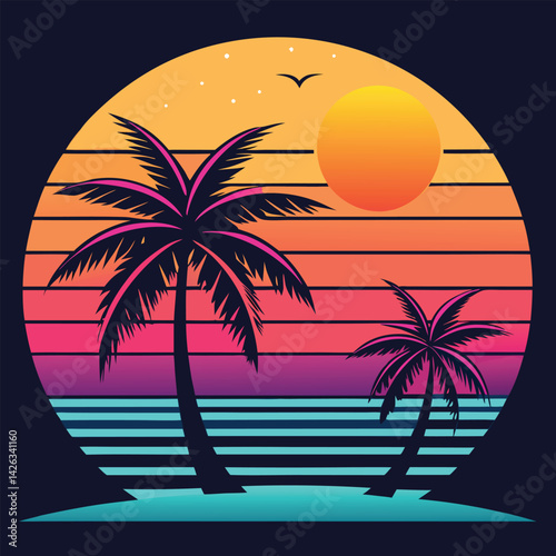 A tropical beach sunset silhouettes a lone figure near palm trees under a vibrant summer sky