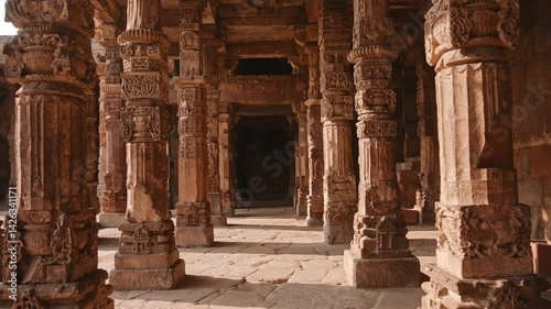 Ancient Temple Columns at Qutub Minar Complex in Delhi