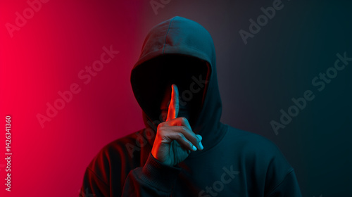 Striking portrait of an urban figure in a dark sweatshirt making the gesture of silence. A powerful image of anonymity, digital rebellion, and criticism of social and technological control.
