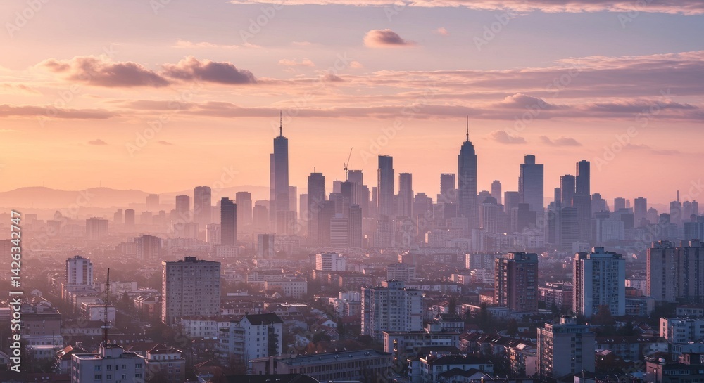 Fototapeta premium Urban Sunrise: Cityscape at Dawn - A hazy sunrise bathes a sprawling city in soft pastel hues. Concepts: urban growth, hope, new beginnings, tranquility, modern architecture