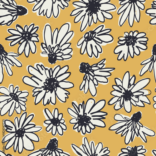 Seamless pattern with hand drawn abstract white ditsy flowers on brown background. Vintage inky bold florals repeat texture. Modern minimalist daisy blooms wallpaper.