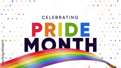 Pride Month Banner With Rainbow Gradient Ribbon Background. Celebrating Pride Month Web Banner Design. Trendy Pride Banner with Pride Month Text and Colorful Rainbow.