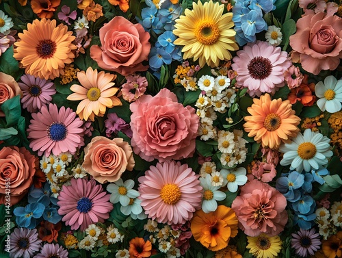 A vibrant and colorful floral wall backdrop with colorful chrysanthemum flowers