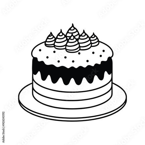 Black and white cake with dripping icing and peaks silhouette isolated on white background