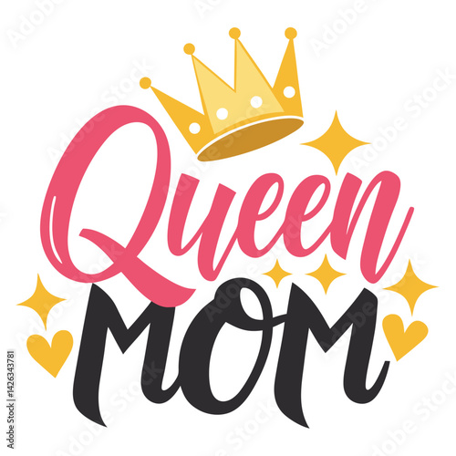 "Queen Mom" text design with a crown for a Mother's Day celebration. The image celebrates the love and admiration for mothers. The design showcases the words "Queen Mom" in an elegant and stylish way.