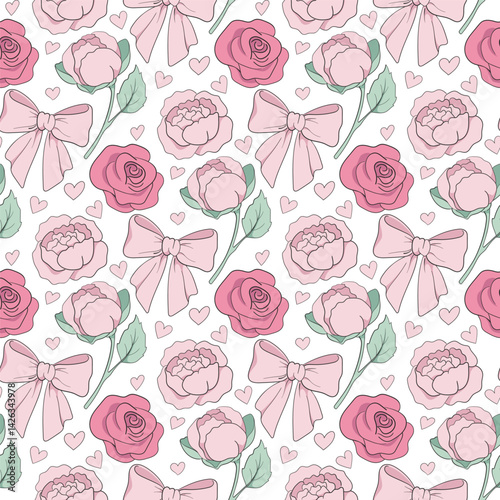 Pink Peony Seamless Pattern. Vector Rose Flower Coquette Seamless Pattern. Flowers and Leaves. Vintage Floral Background. Shabby chic Wallpaper. Millefleurs Liberty Style Design.