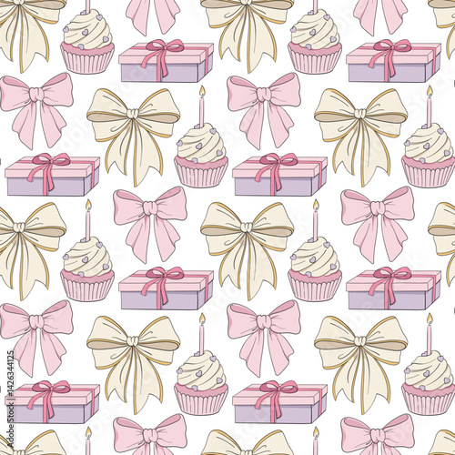 Cute hand-drawn gift boxes Cute Birthday Party Hand Drawn Coquette Style. Seamless pattern for a gift on fabric or paper for friends and family.