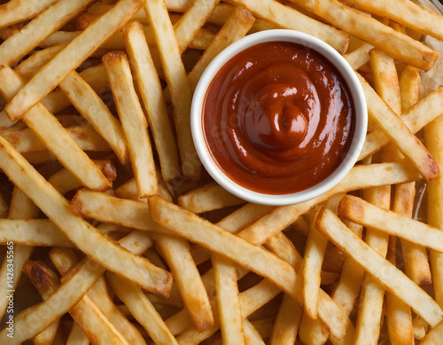 french fries with ketchup, delicious potato chips, finger chips with ketchup in a bowl