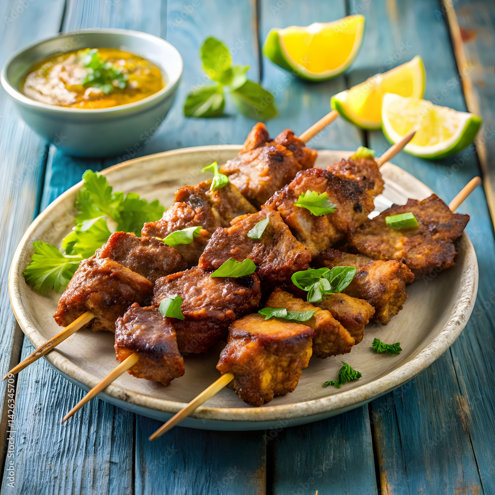 Spicy mutton tikka skewers with lemon wedges Spicy mutton tikka skewers with lemon wedges