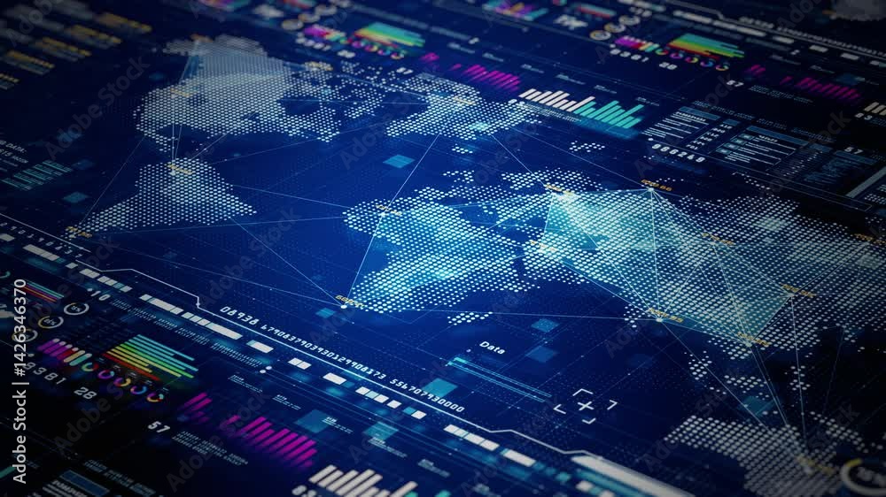 High-tech digital world map features data points, graphs, and global network connections. Technology digital big data and data analytics, Technology abstract background
