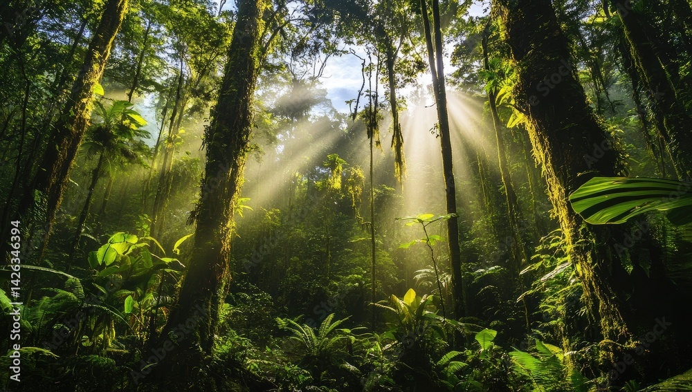 Obraz premium Sunbeams pierce through dense rainforest canopy, illuminating lush green foliage and moss-covered trees