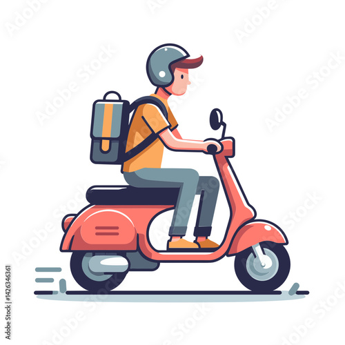 Vector illustration of a young man riding a scooter with a backpack and helmet