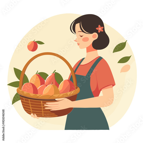 Vector illustration of a woman holding a basket of freshly picked fruits with a serene expression