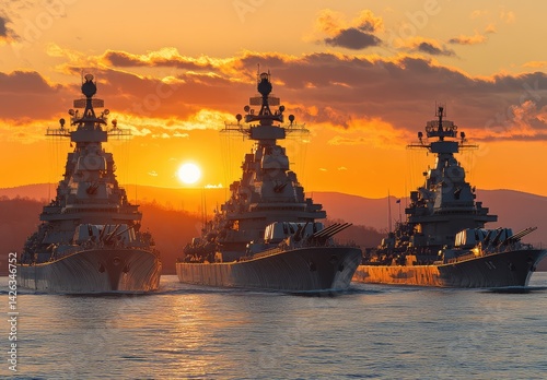 Three warships sail at sunset, silhouettes against fiery sky