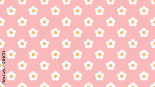 ピンクの下地に白いお花のパターン背景イラスト。シームレスなベクターの4Kイラスト素材。Pattern background illustration of white flowers on a pink base. Seamless vector 4k illustration.