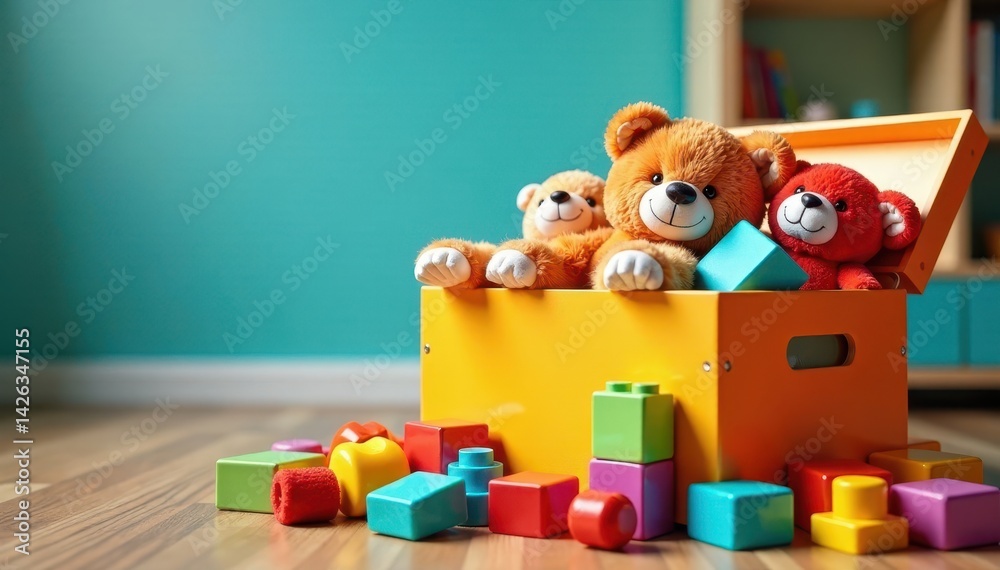 Colorful toy box overflowing with stuffed animals and building blocks, charity, colorful toys Colorful toy box overflowing with stuffed animals and building blocks, charity, colorful toys