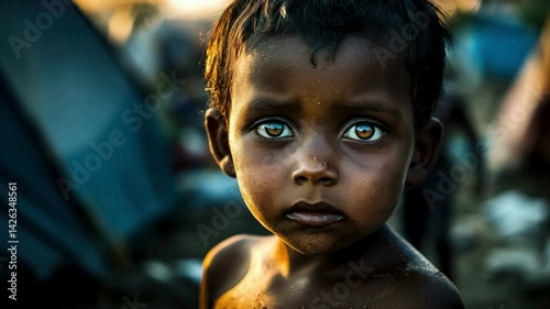 Close-up portrait of an African refugee child in a refugee camp
