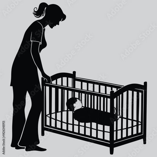 Mother watching child sleep image silhouette design vector art and illustration	